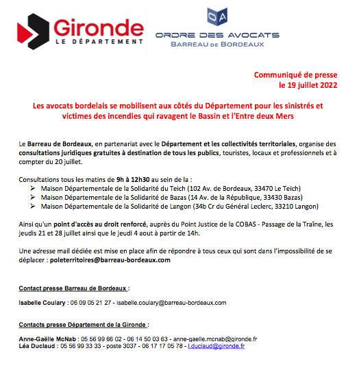 Les avocats bordelais se mobilisent aux côtés du Département pour les sinistrés et victimes des incendies qui ravagent le Bassin et l'Entre deux Mers