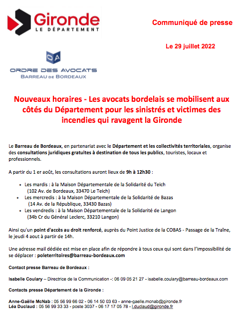 Nouveaux horaires - Incendies - Les avocats bordelais se mobilisent 